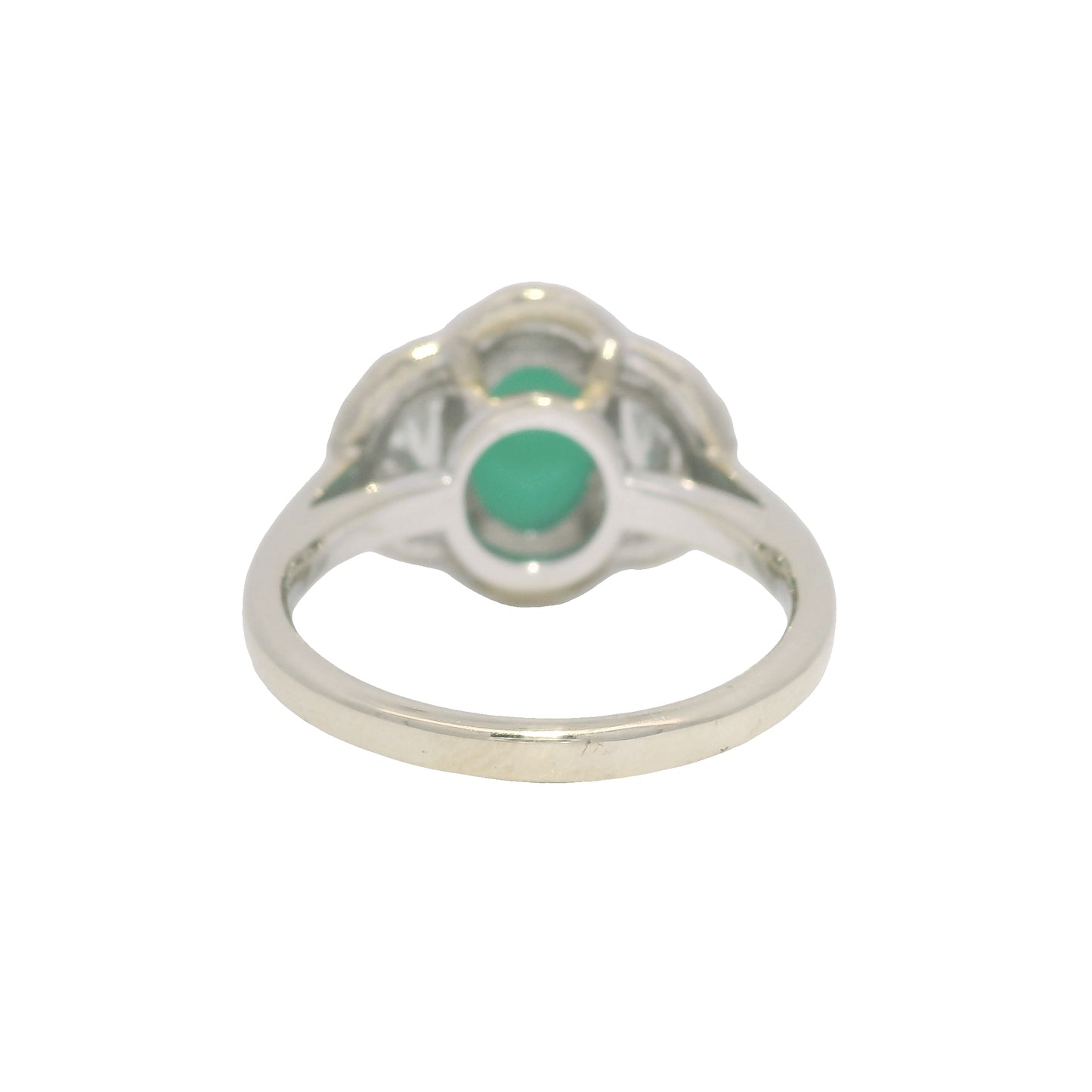 18K White Gold Natural Cabochon Emerald & Half Moon Diamond Side Stone Ring