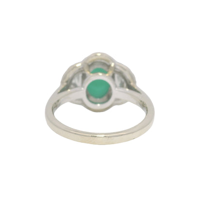 18K White Gold Natural Cabochon Emerald & Half Moon Diamond Side Stone Ring