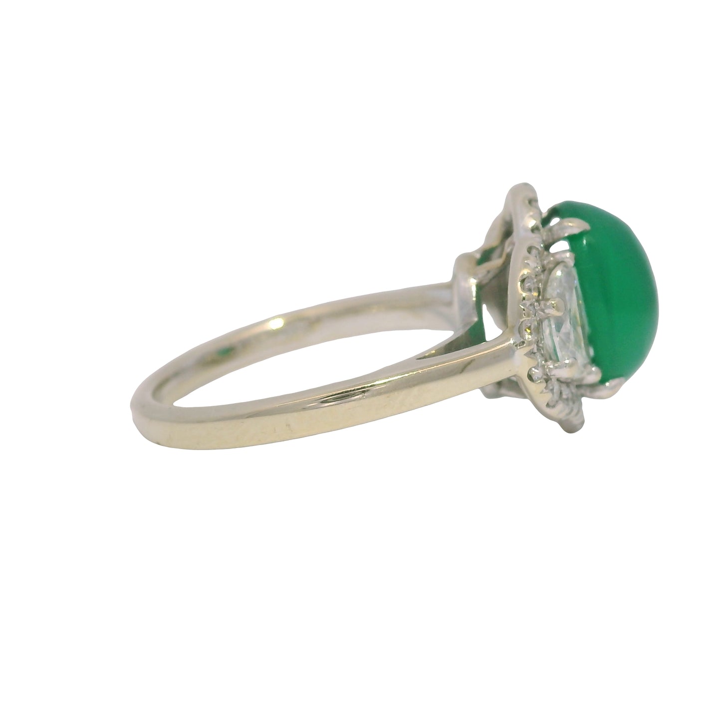18K White Gold Natural Cabochon Emerald & Half Moon Diamond Side Stone Ring