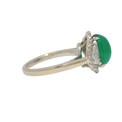 18K White Gold Natural Cabochon Emerald & Half Moon Diamond Side Stone Ring