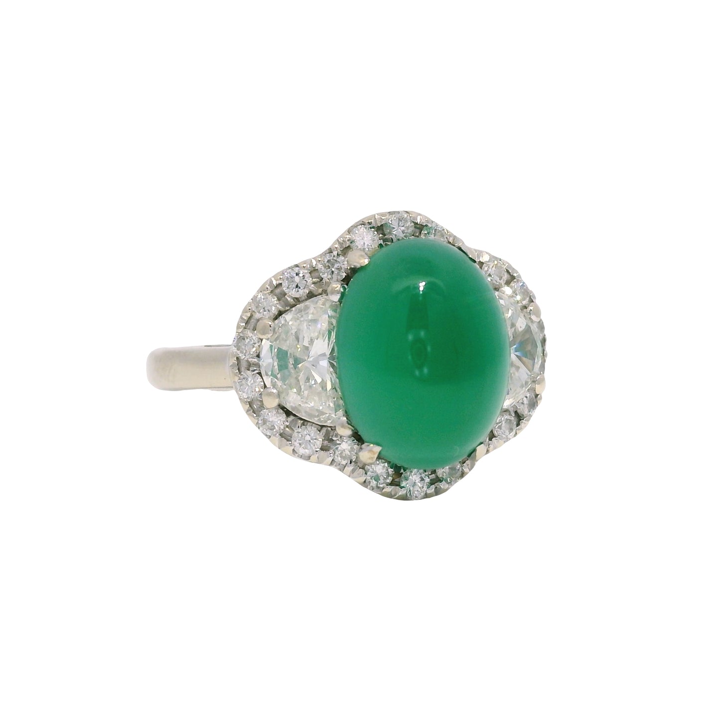 18K White Gold Natural Cabochon Emerald & Half Moon Diamond Side Stone Ring
