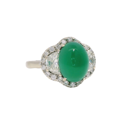 18K White Gold Natural Cabochon Emerald & Half Moon Diamond Side Stone Ring