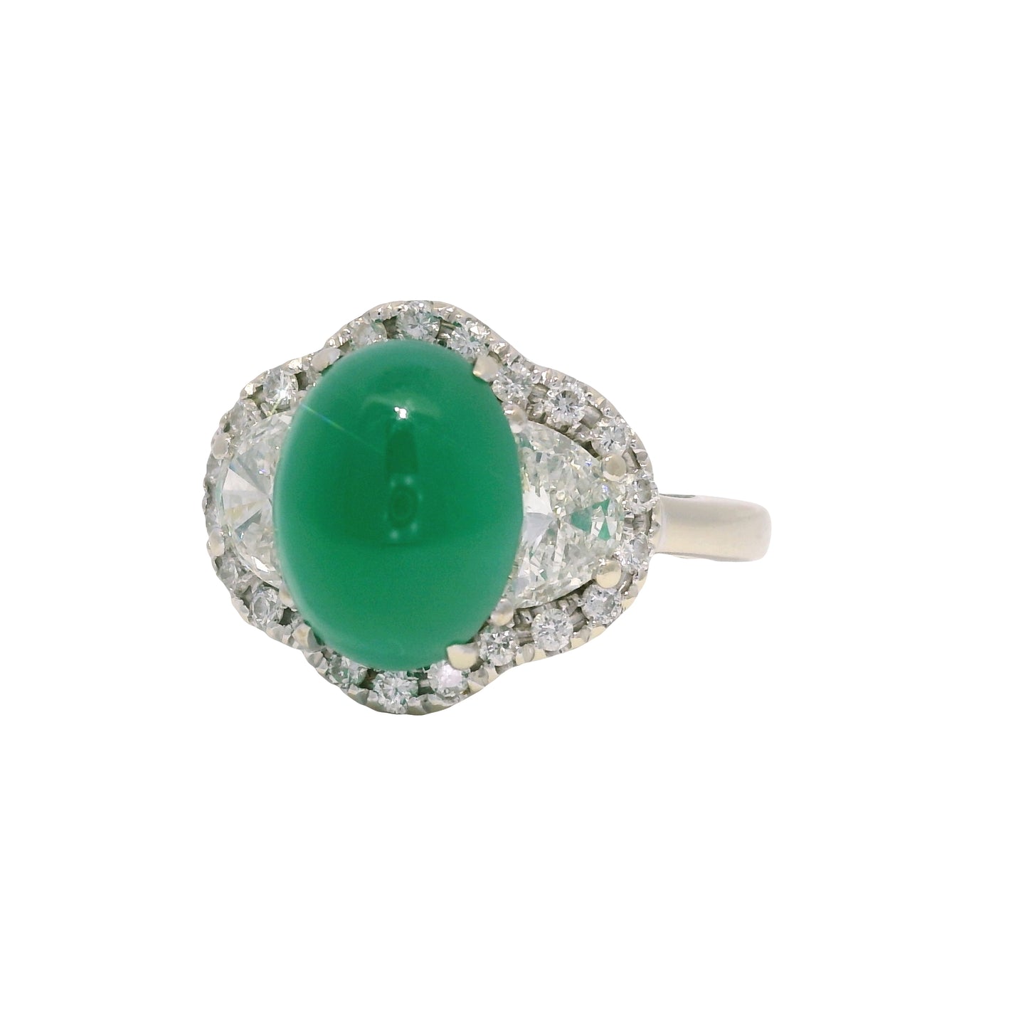 18K White Gold Natural Cabochon Emerald & Half Moon Diamond Side Stone Ring