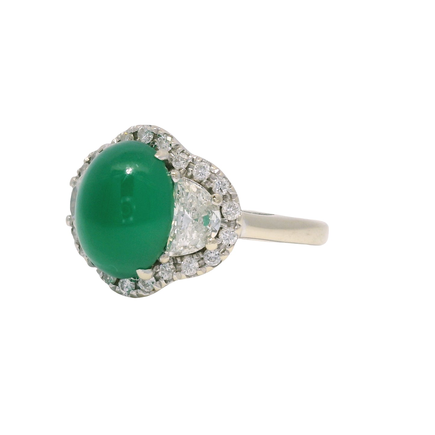 18K White Gold Natural Cabochon Emerald & Half Moon Diamond Side Stone Ring