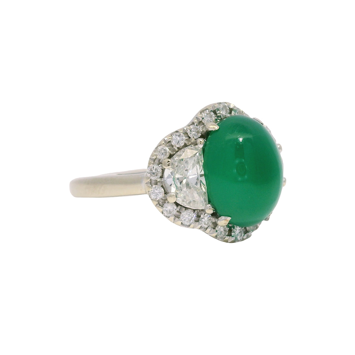 18K White Gold Natural Cabochon Emerald & Half Moon Diamond Side Stone Ring — product photo 8