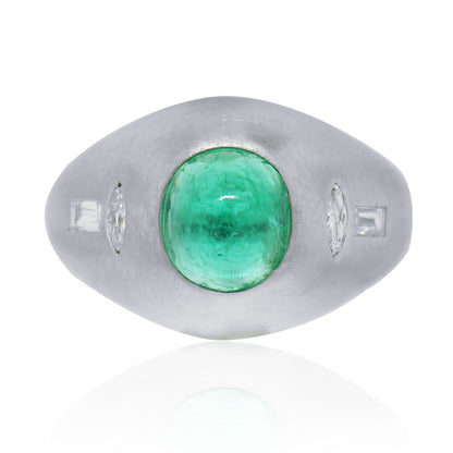 Platinum 1.50ct Emerald Cabochon and 0.30ctw Diamond Ring