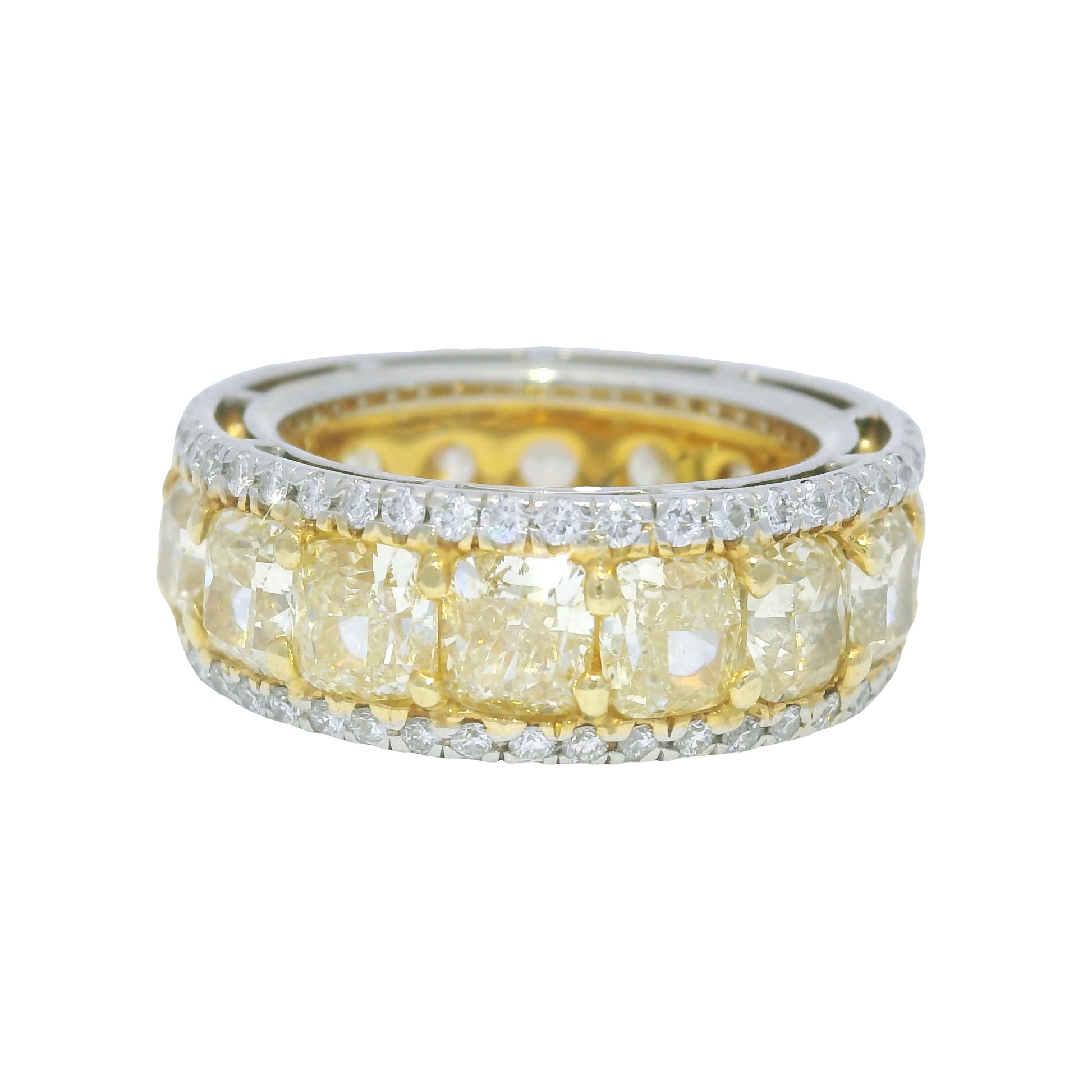 18k Yellow Gold & Platinum Natural Yellow Cushion Cut Diamond Eternity Ring