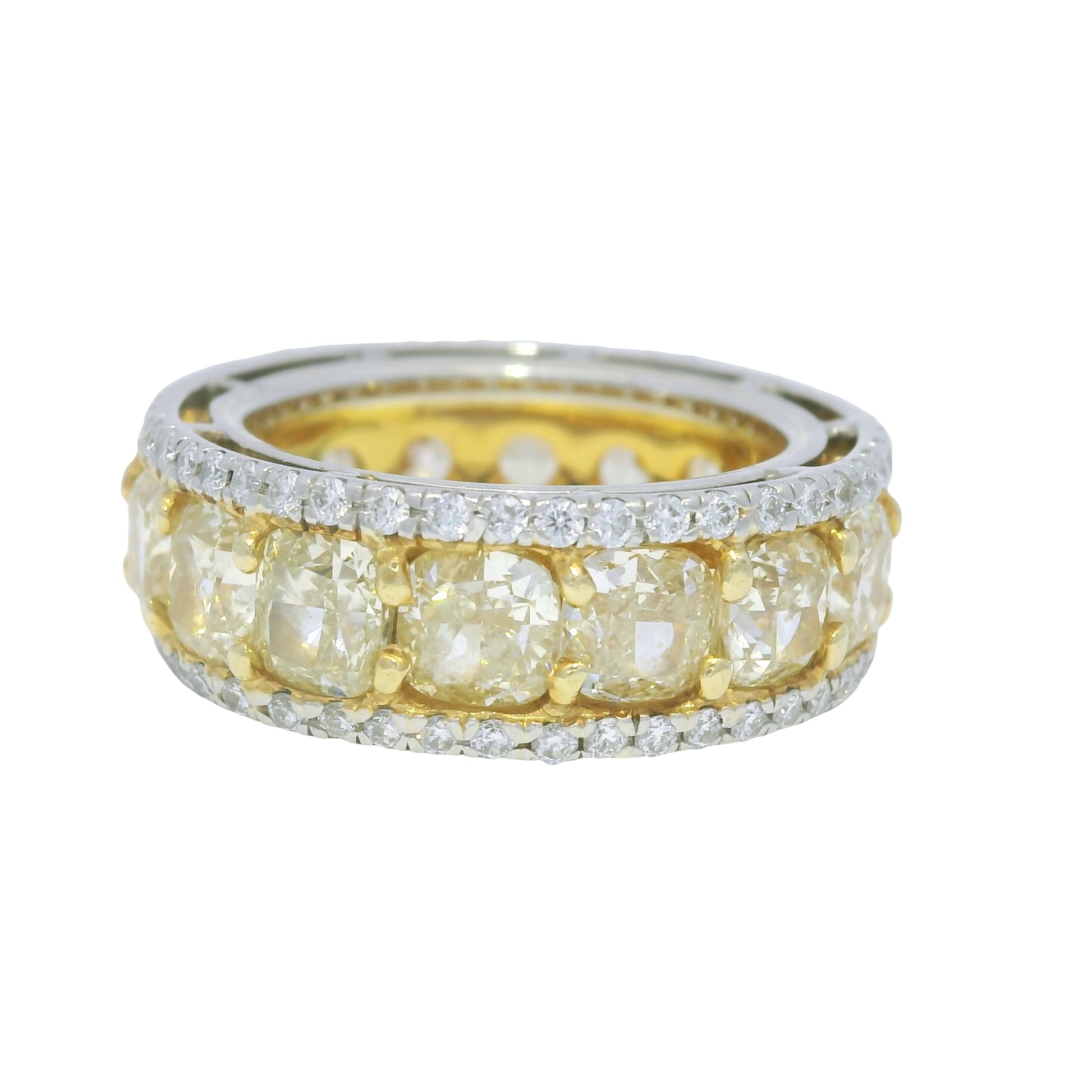 18k Yellow Gold & Platinum Natural Yellow Cushion Cut Diamond Eternity Ring
