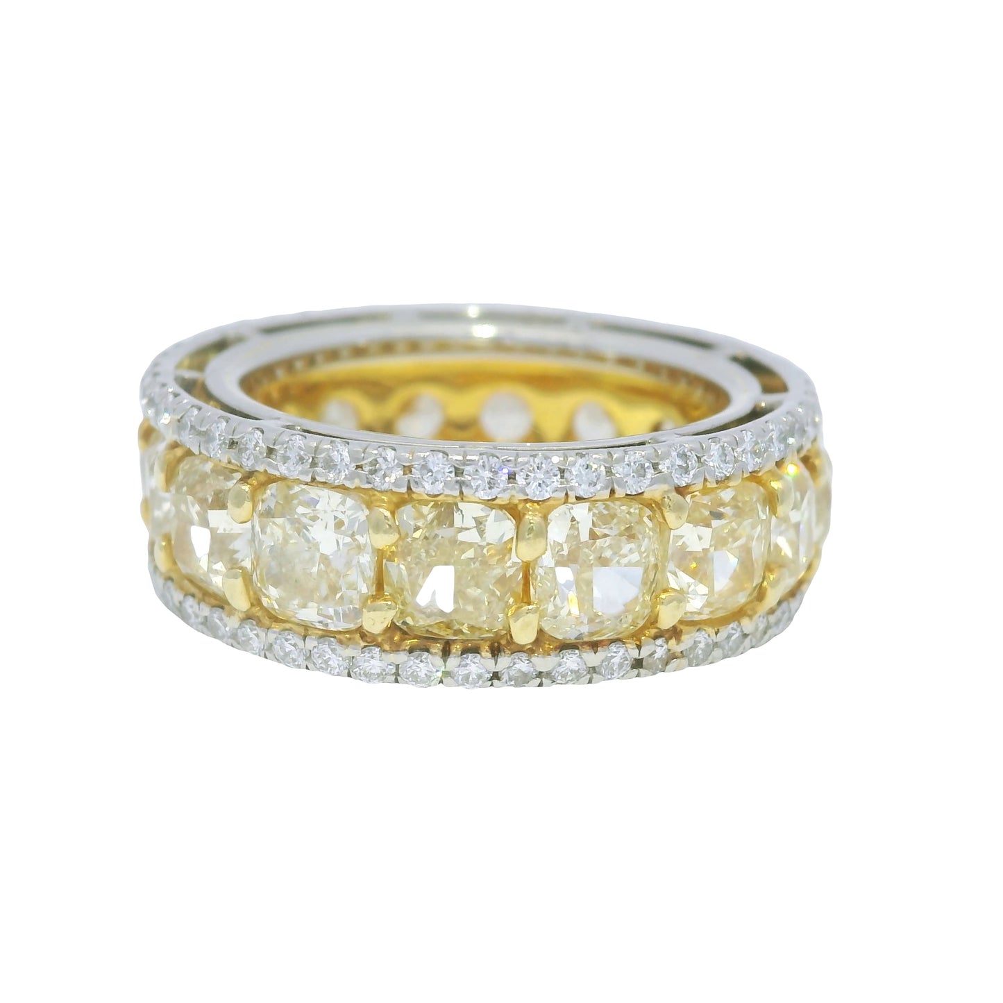 18k Yellow Gold & Platinum Natural Yellow Cushion Cut Diamond Eternity Ring
