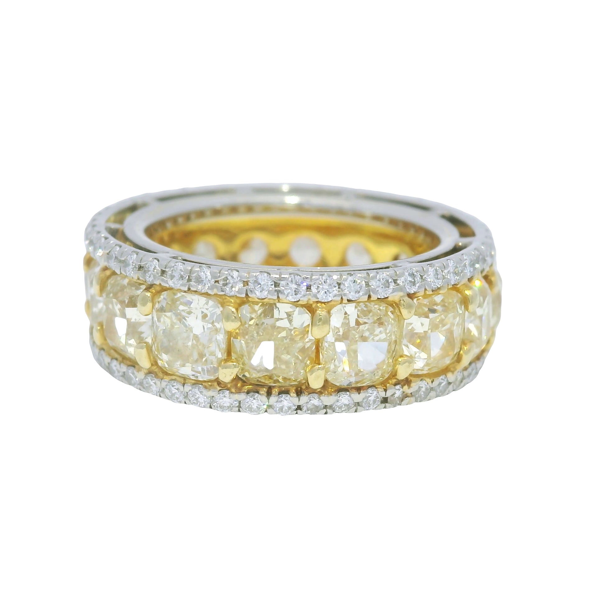 18k Yellow Gold & Platinum Natural Yellow Cushion Cut Diamond Eternity Ring