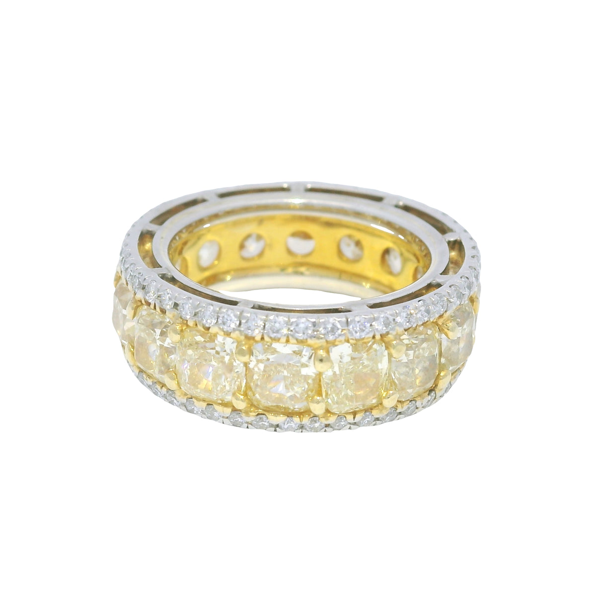 18k Yellow Gold & Platinum Natural Yellow Cushion Cut Diamond Eternity Ring