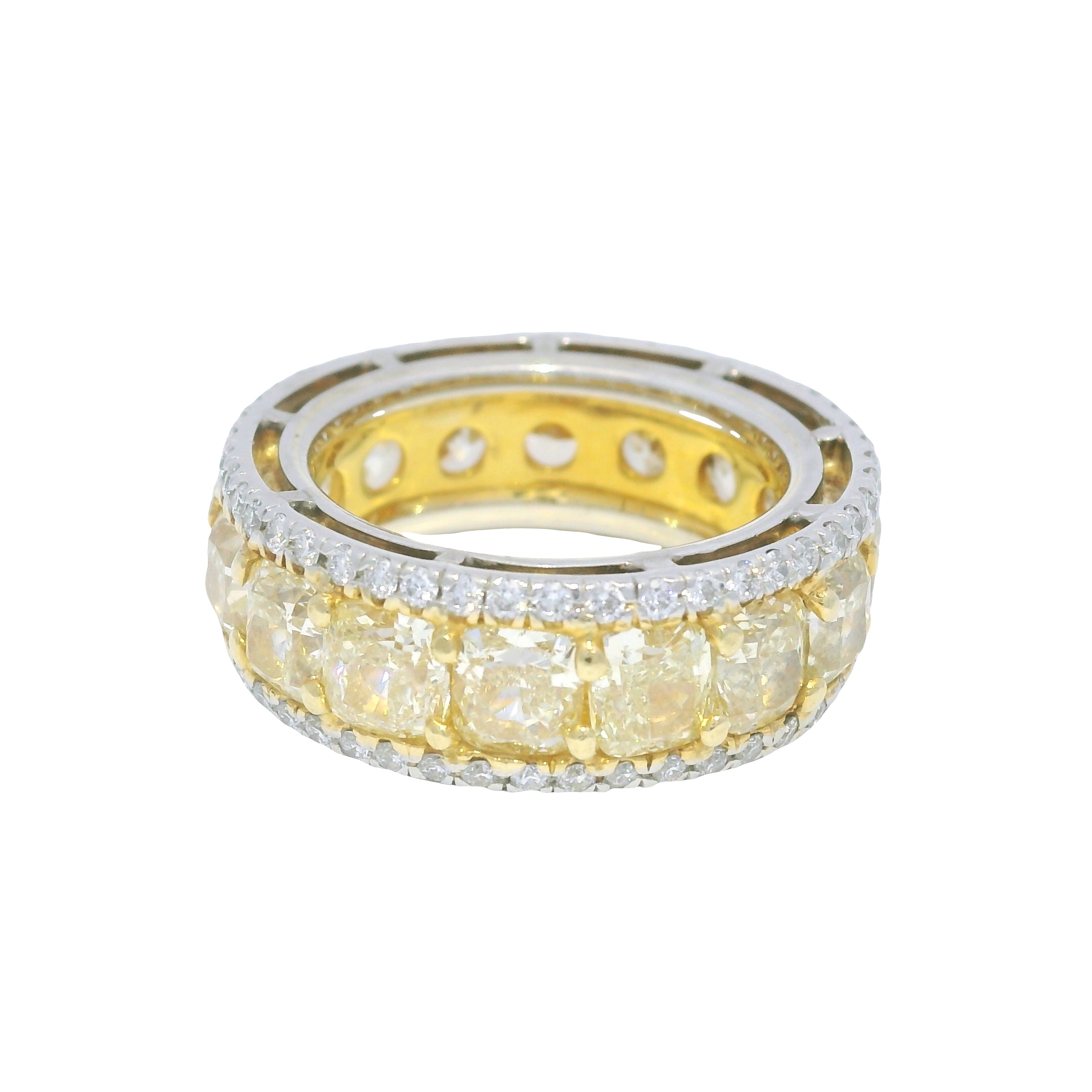 18k Yellow Gold & Platinum Natural Yellow Cushion Cut Diamond Eternity Ring
