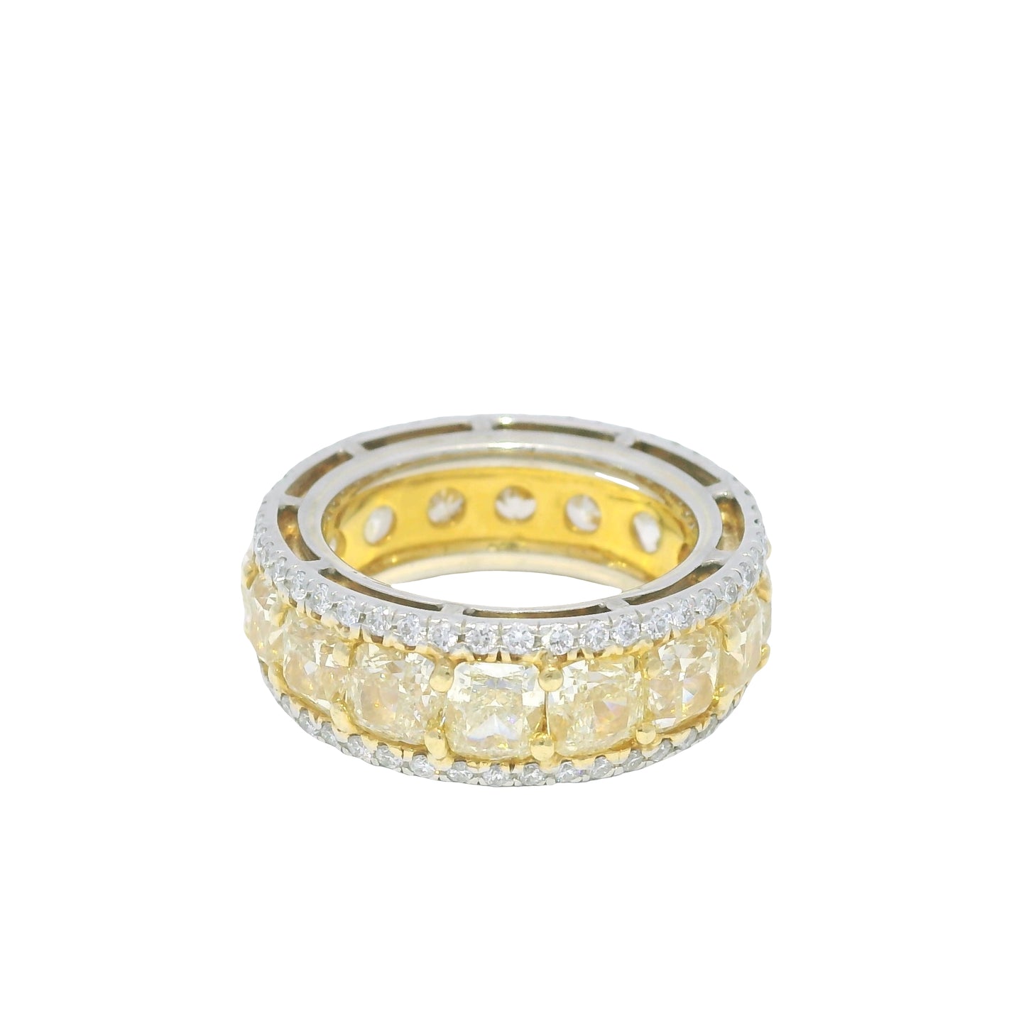18k Yellow Gold & Platinum Natural Yellow Cushion Cut Diamond Eternity Ring