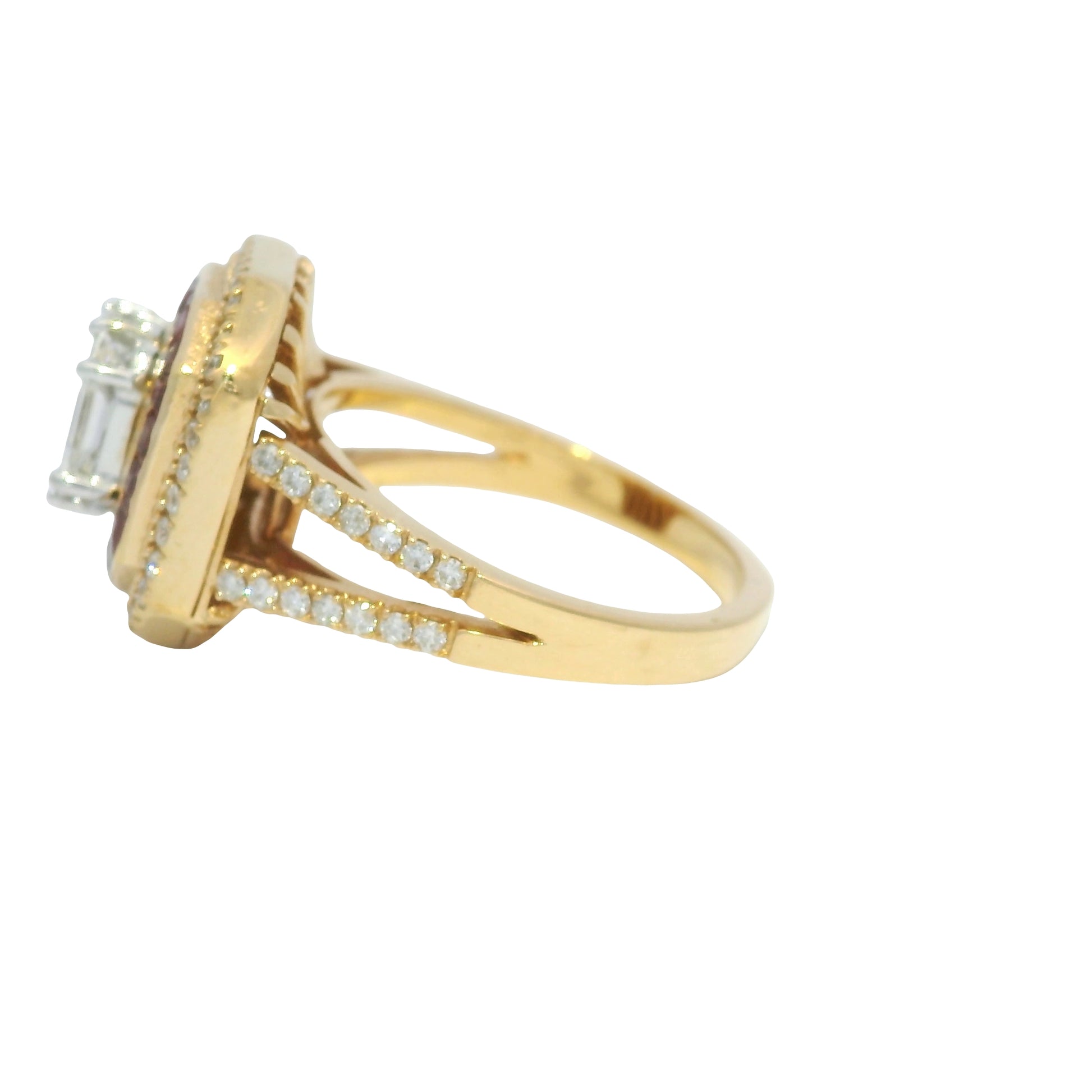 18K Rose Gold Natural Diamond Mosaic & Ruby Halo Bezel Set Ring