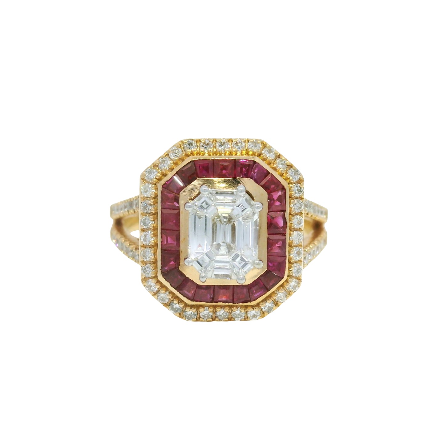 18K Rose Gold Natural Diamond Mosaic & Ruby Halo Bezel Set Ring