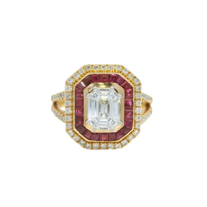 18K Rose Gold Natural Diamond Mosaic & Ruby Halo Bezel Set Ring