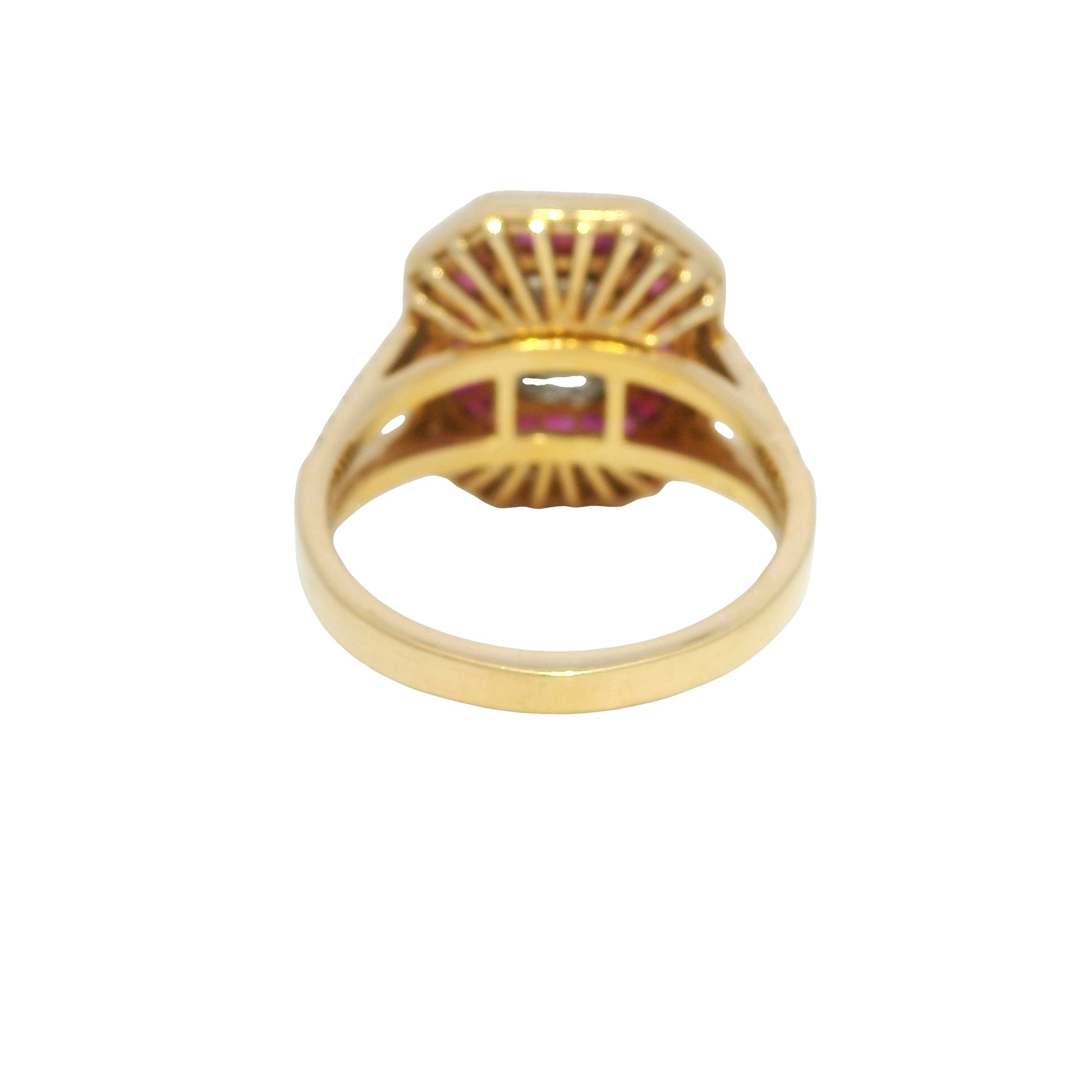 18K Rose Gold Natural Diamond Mosaic & Ruby Halo Bezel Set Ring