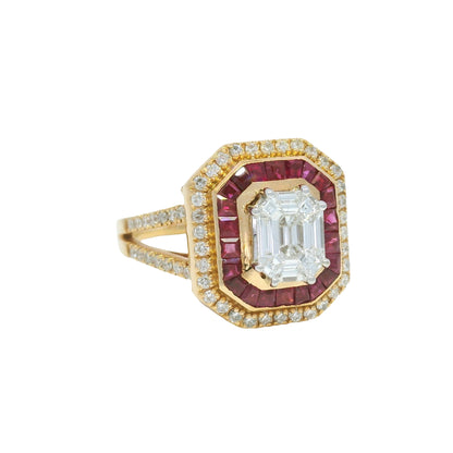 18K Rose Gold Natural Diamond Mosaic & Ruby Halo Bezel Set Ring