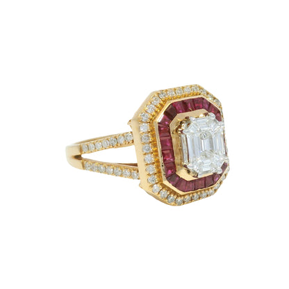 18K Rose Gold Natural Diamond Mosaic & Ruby Halo Bezel Set Ring