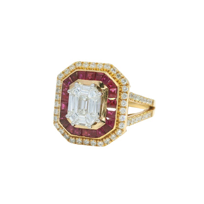 18K Rose Gold Natural Diamond Mosaic & Ruby Halo Bezel Set Ring