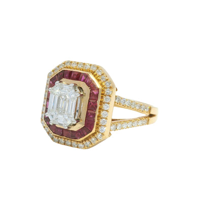 18K Rose Gold Natural Diamond Mosaic & Ruby Halo Bezel Set Ring
