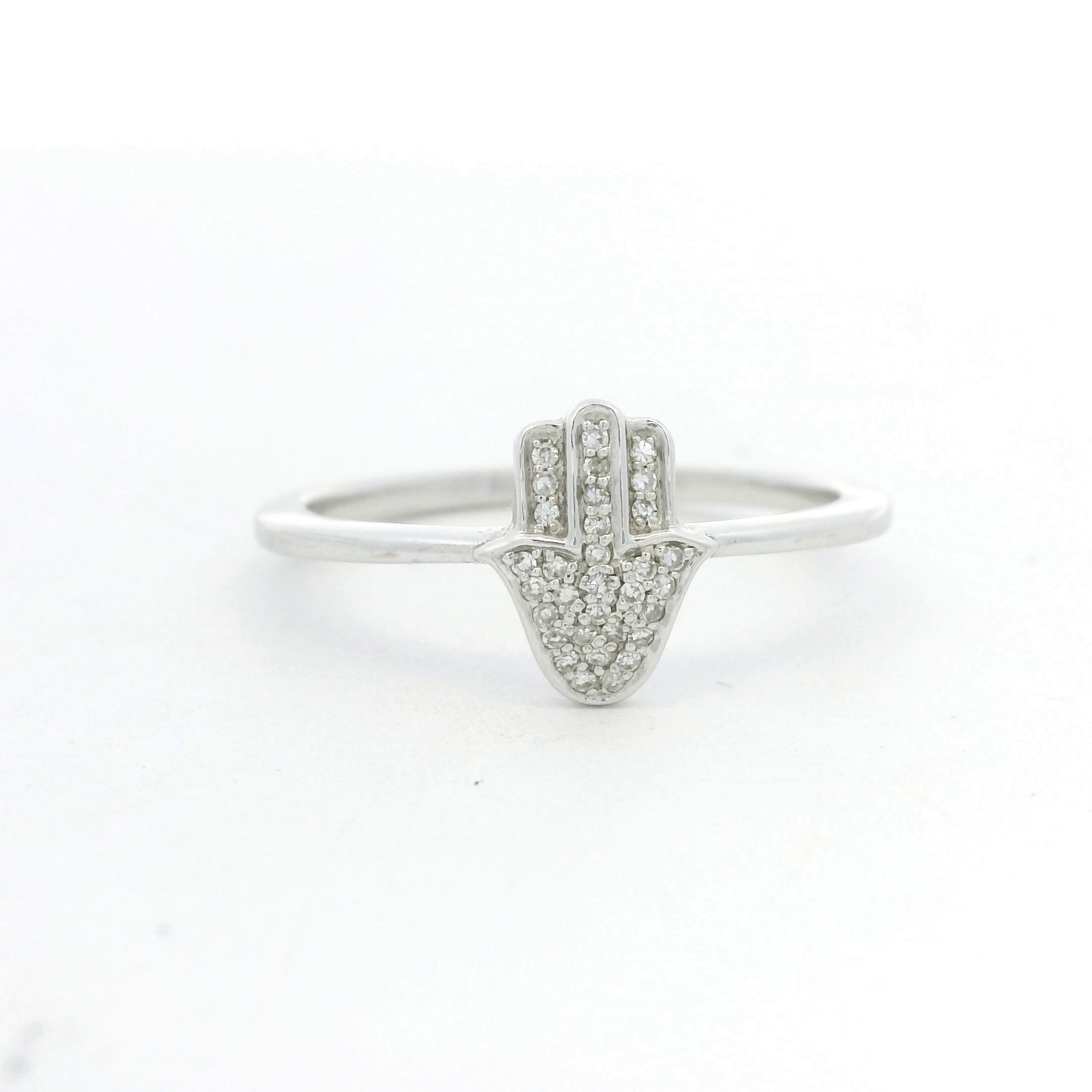 14K White Gold Natural Round Diamond Pave Hamsa Ring