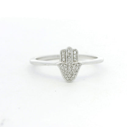 14K White Gold Natural Round Diamond Pave Hamsa Ring
