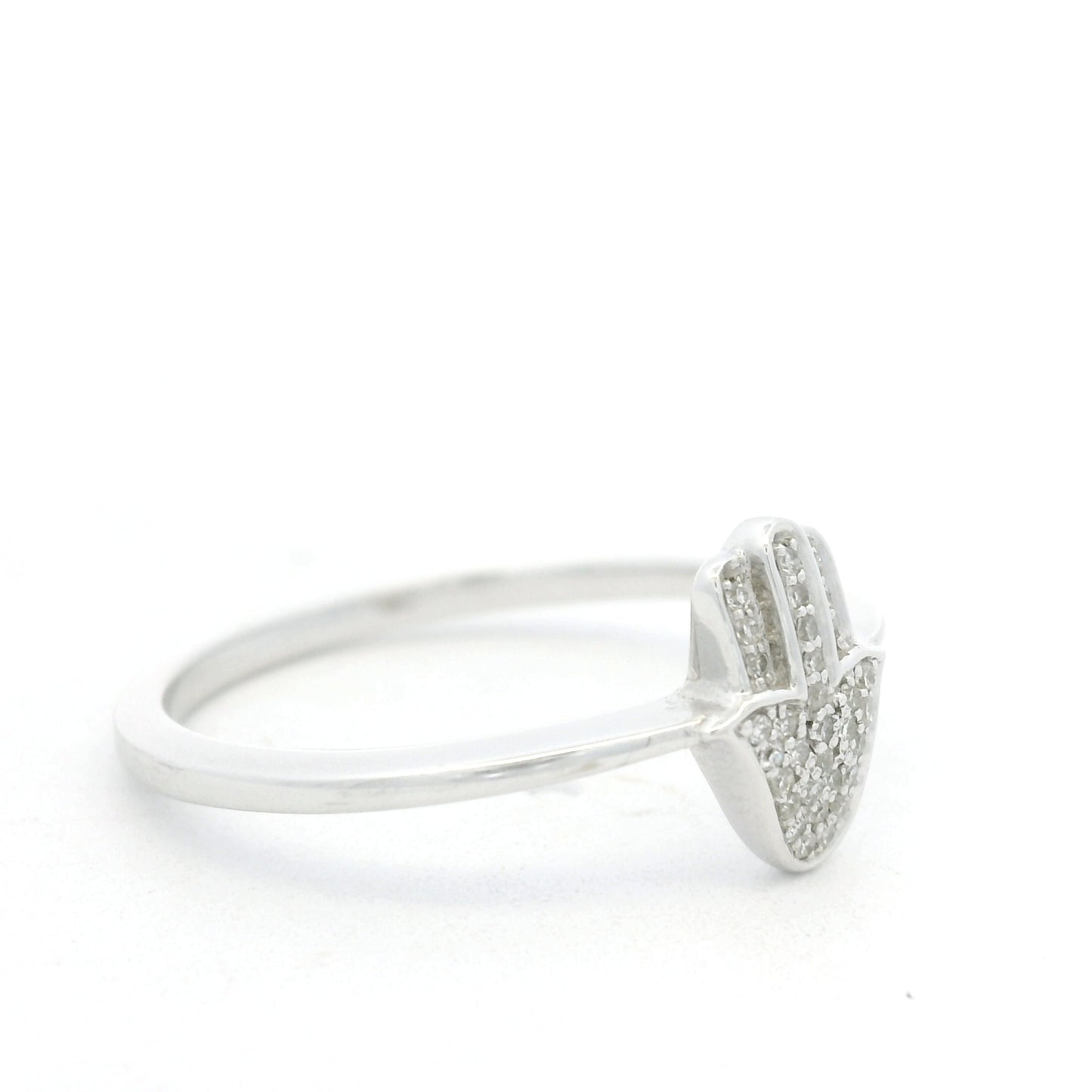 14K White Gold Natural Round Diamond Pave Hamsa Ring