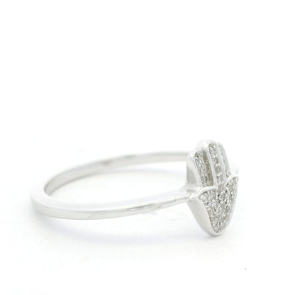 14K White Gold Natural Round Diamond Pave Hamsa Ring