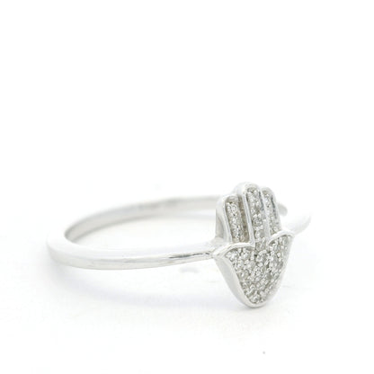 14K White Gold Natural Round Diamond Pave Hamsa Ring