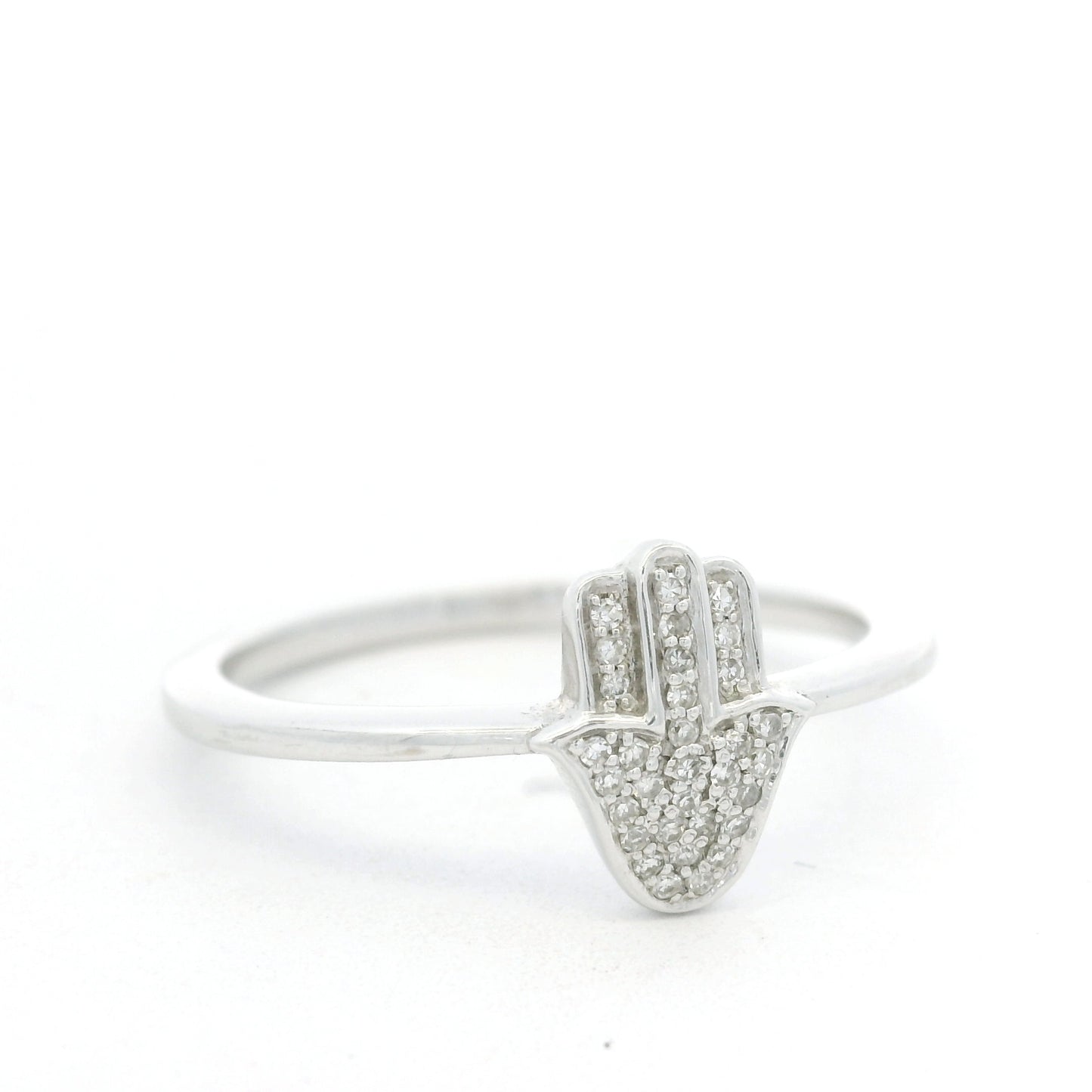 14K White Gold Natural Round Diamond Pave Hamsa Ring
