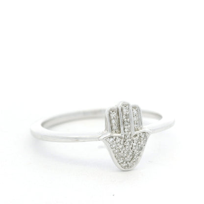 14K White Gold Natural Round Diamond Pave Hamsa Ring