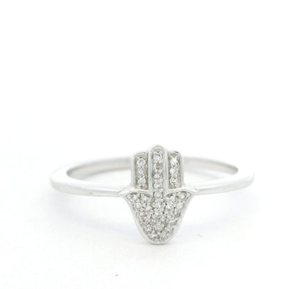 14K White Gold Natural Round Diamond Pave Hamsa Ring