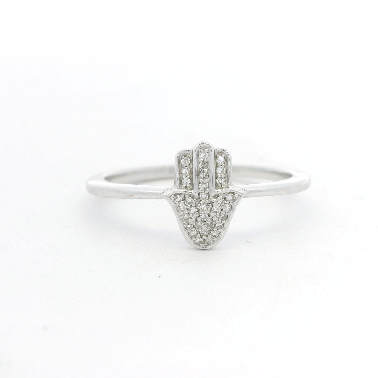 14K White Gold Natural Round Diamond Pave Hamsa Ring