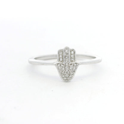 14K White Gold Natural Round Diamond Pave Hamsa Ring