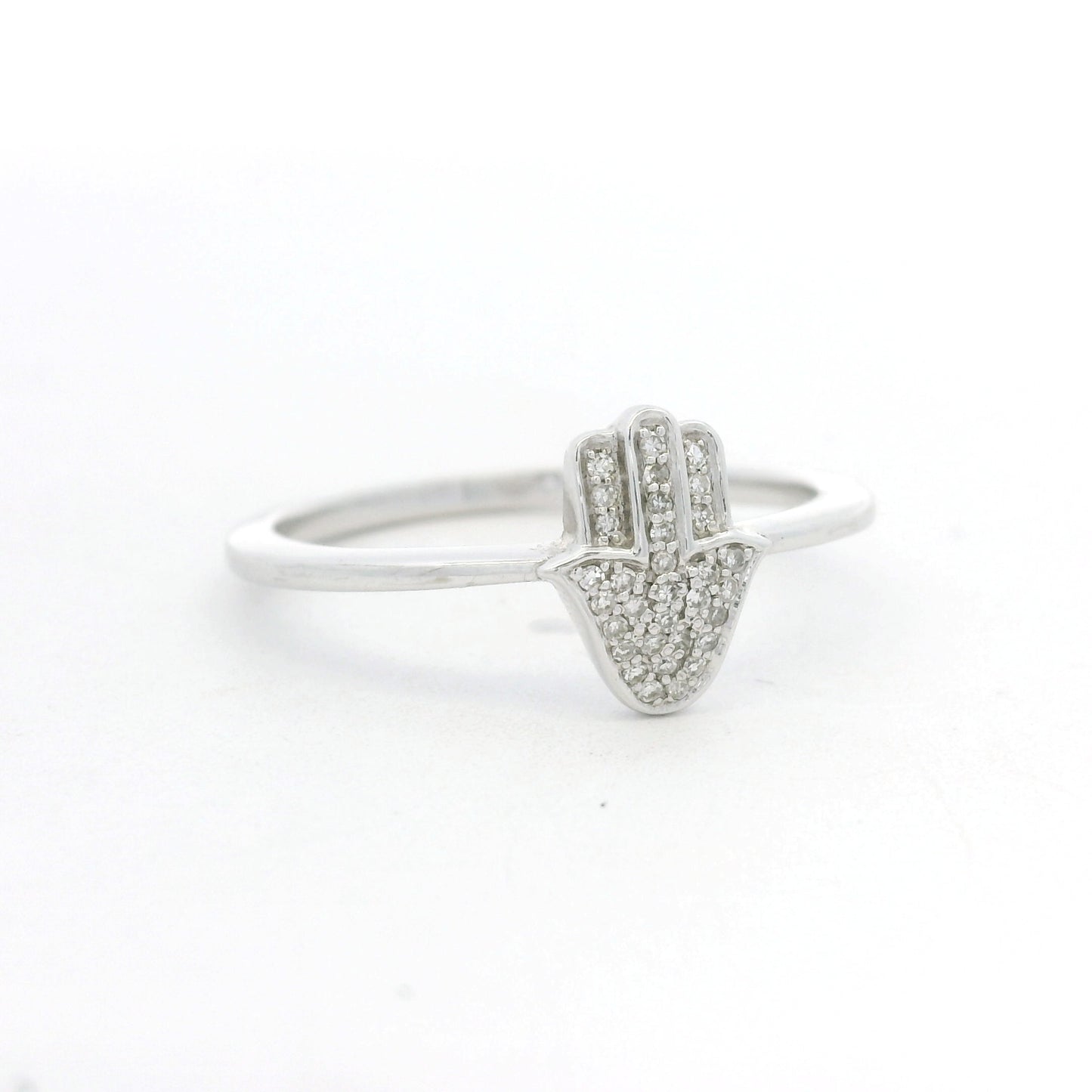 14K White Gold Natural Round Diamond Pave Hamsa Ring