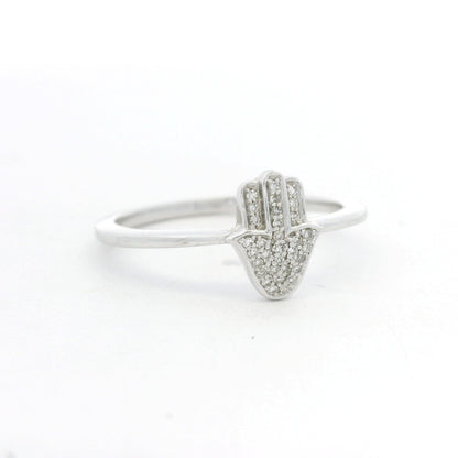 14K White Gold Natural Round Diamond Pave Hamsa Ring