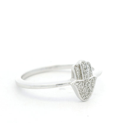 14K White Gold Natural Round Diamond Pave Hamsa Ring
