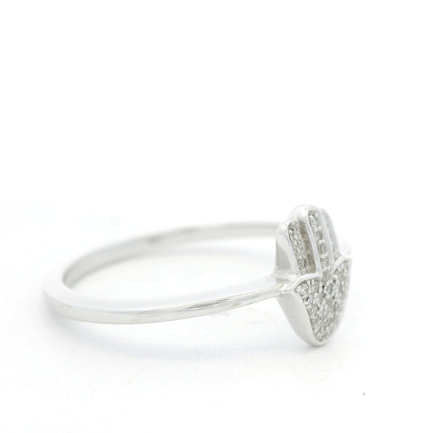 14K White Gold Natural Round Diamond Pave Hamsa Ring