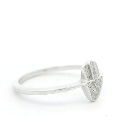 14K White Gold Natural Round Diamond Pave Hamsa Ring