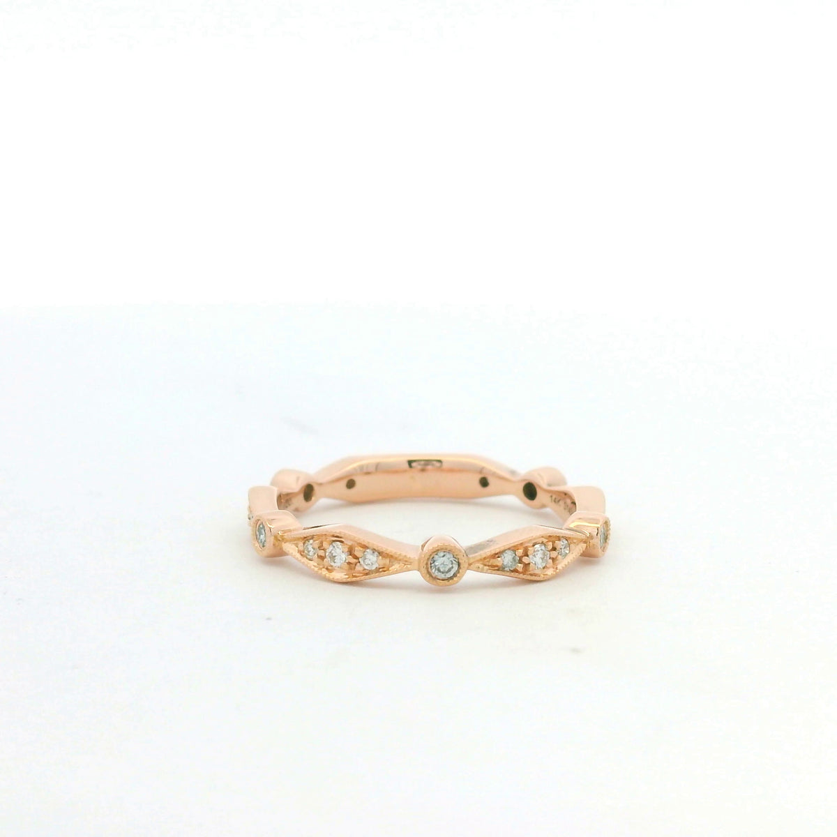 14K Rose Gold Natural Round Brilliant Cut Diamond Station Stackable Ring