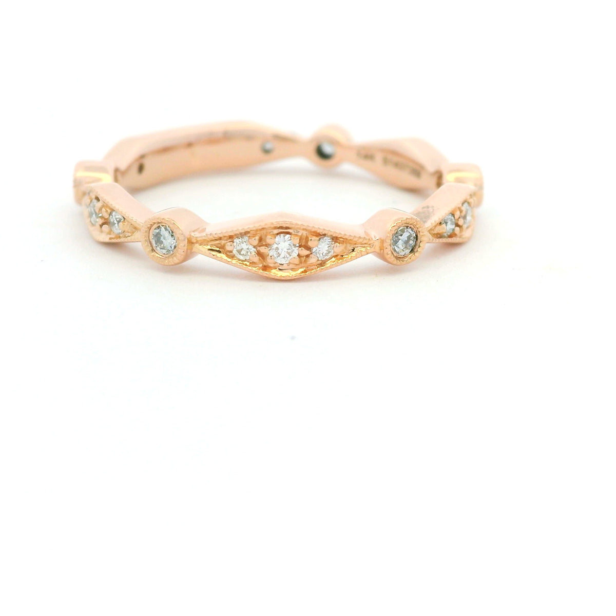 14K Rose Gold Natural Round Brilliant Cut Diamond Station Stackable Ring