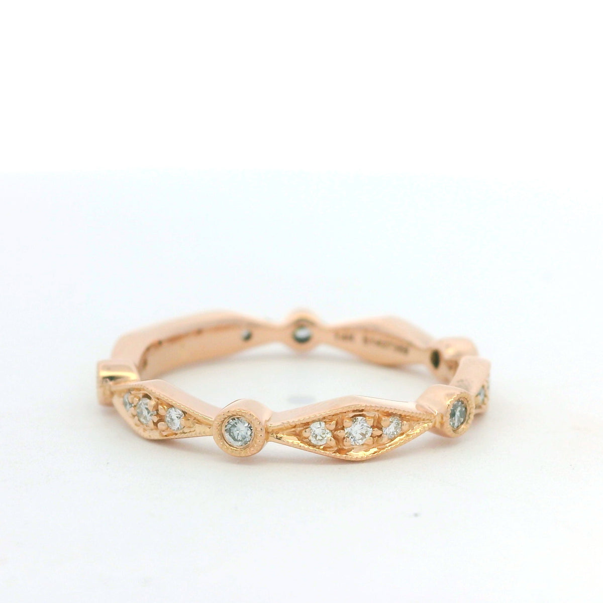 14K Rose Gold Natural Round Brilliant Cut Diamond Station Stackable Ring
