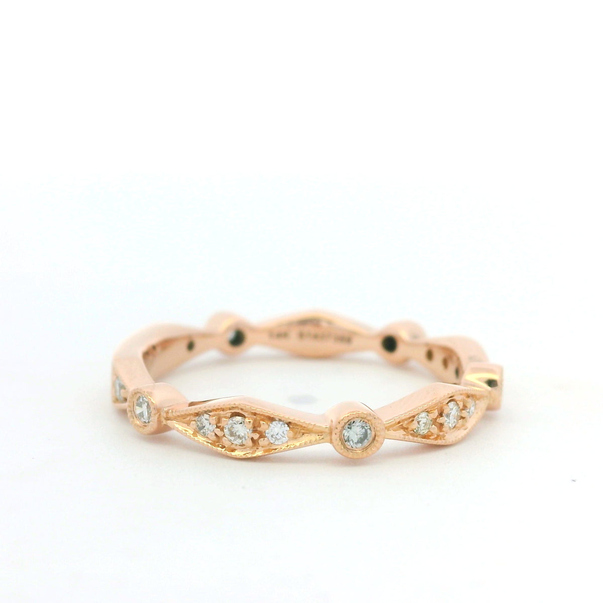 14K Rose Gold Natural Round Brilliant Cut Diamond Station Stackable Ring