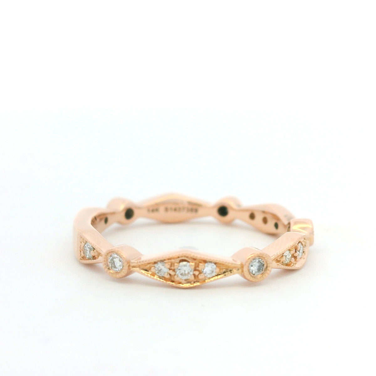 14K Rose Gold Natural Round Brilliant Cut Diamond Station Stackable Ring