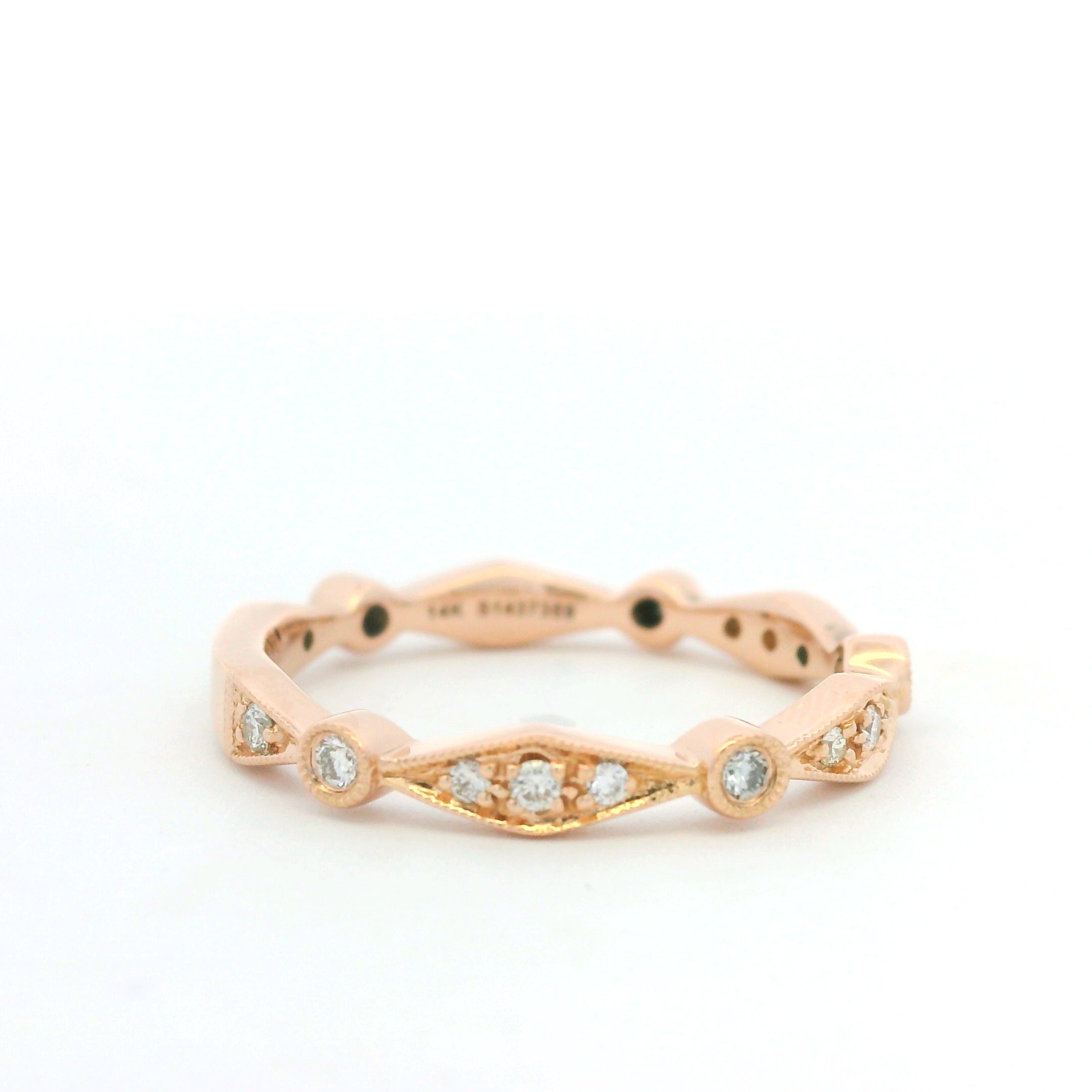14K Rose Gold Natural Round Brilliant Cut Diamond Station Stackable Ring