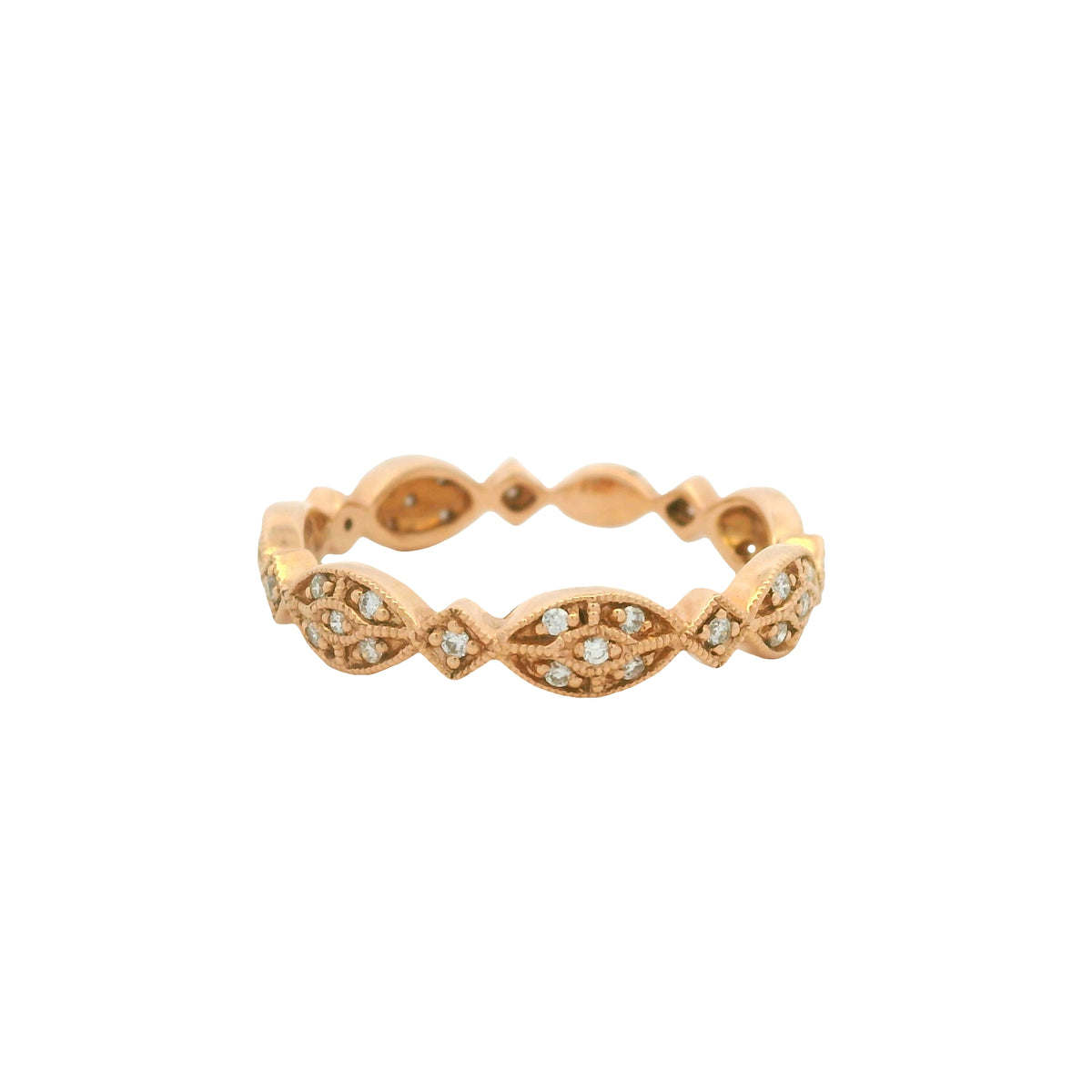 14K Rose Gold Natural Round Brilliant Cut Diamond Marquise Shaped Station Ring
