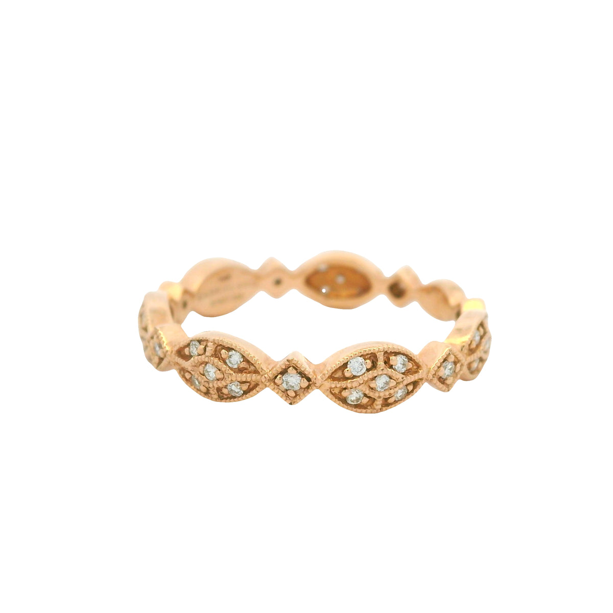14K Rose Gold Natural Round Brilliant Cut Diamond Marquise Shaped Station Ring