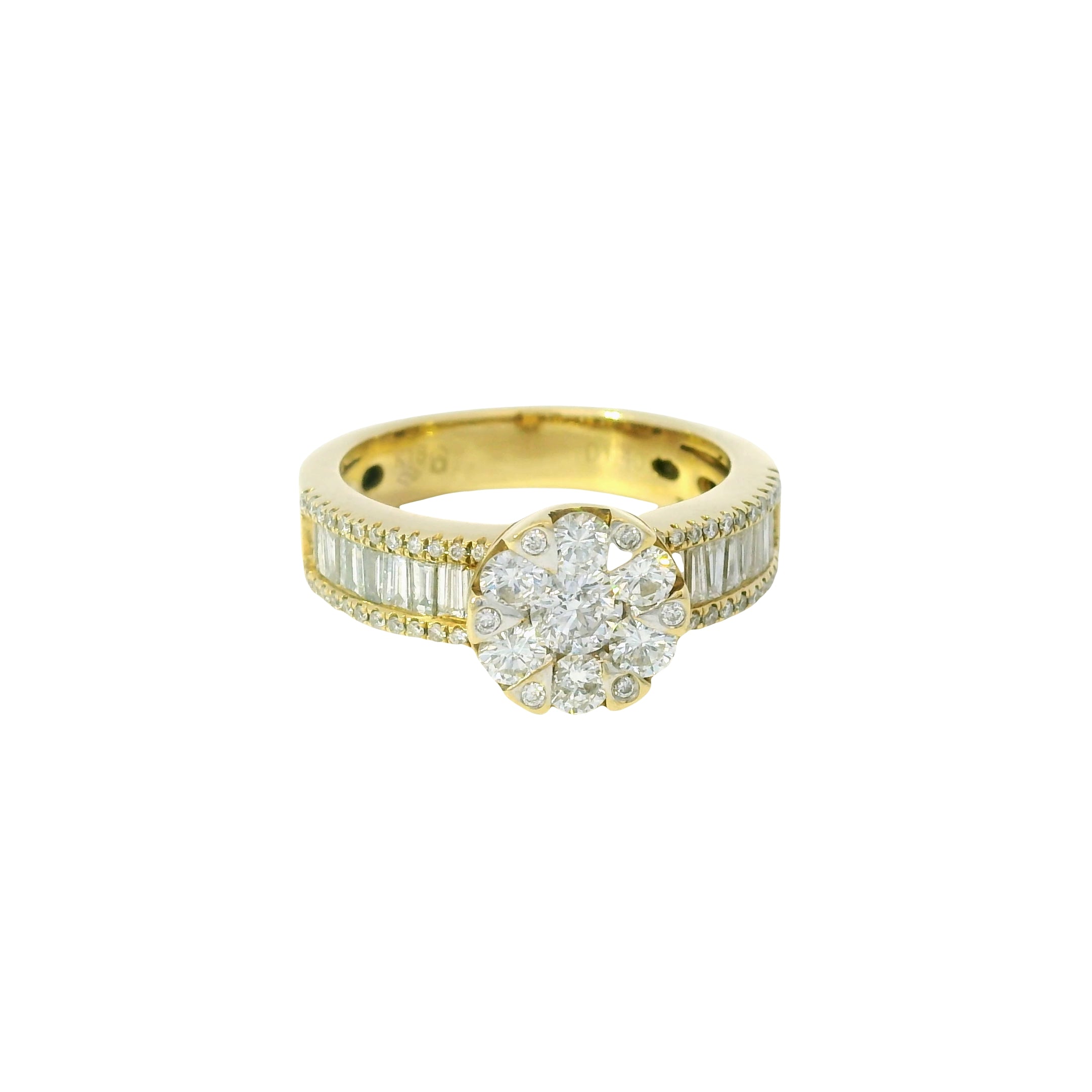 18K Yellow Gold Natural Round Brilliant& Baguette Cut Diamond Flower Fashion Ring 
