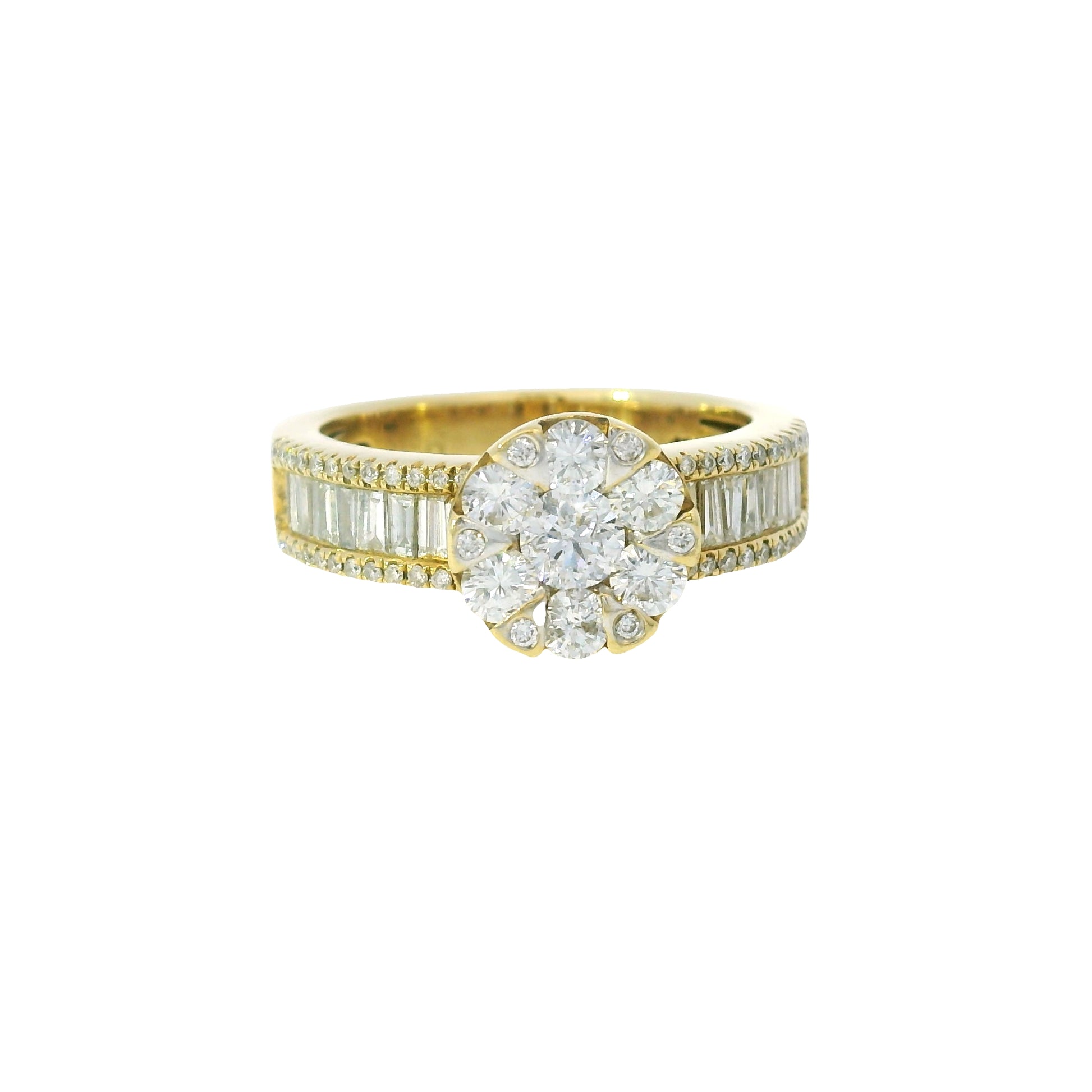 18K Yellow Gold Natural Round Brilliant& Baguette Cut Diamond Flower Fashion Ring 
